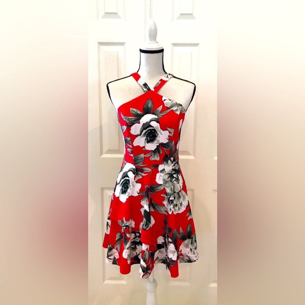 Speechless Red, Black, Grey & White A-Line Back Zipper Dress Size: S